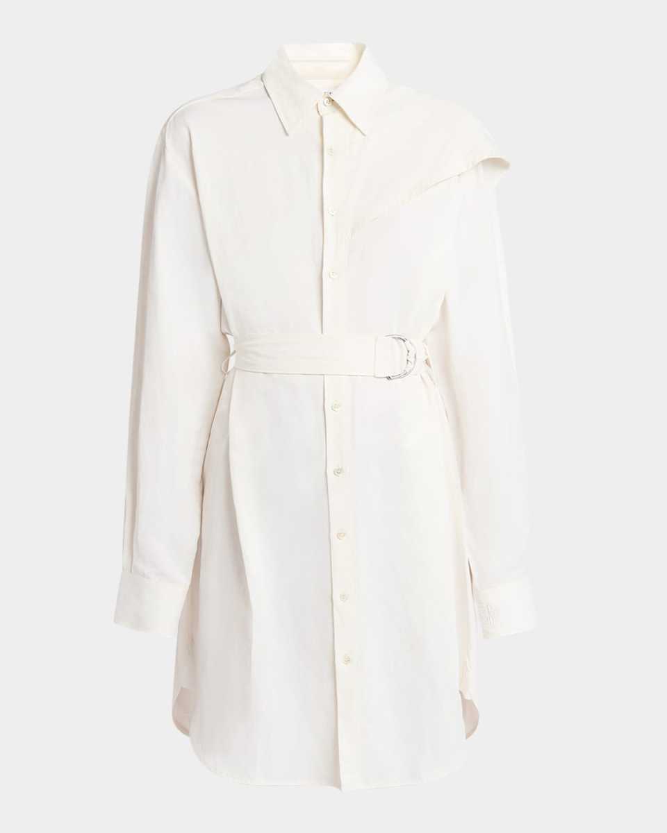 Cape-Shoulder Belted Long-Sleeve Shirtdress
